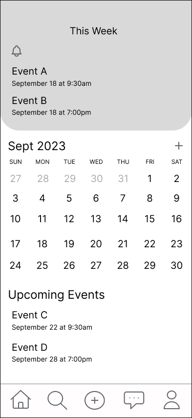Lo-fi CyHobby wireframe: this week's events, a September calendar and a list of upcoming events