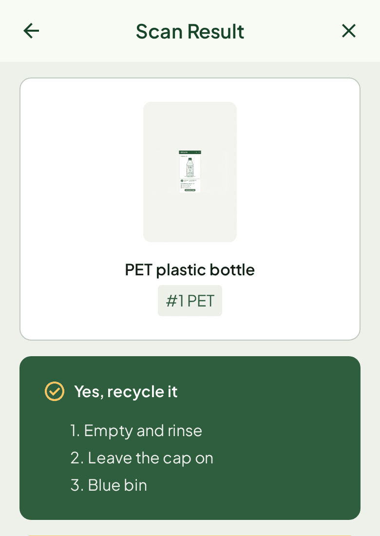 iRecycle scan result screen: a PET plastic bottle tagged #1 PET, a green Yes, recycle it block with three steps, empty and rinse, leave the cap on, blue bin, and a strip reading +1 item, 3 to Level 4 with a bar at 75%.